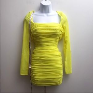 House of CB Valentina Yellow Chartreuse Sleeved Ruched Organza Dress Size XS NWT